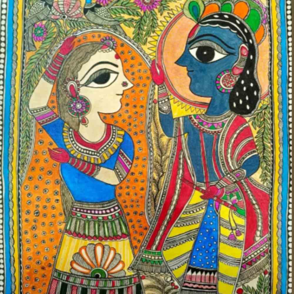 Tussar Saree with Madhubani Bride, Doli, and Kaahar Painting